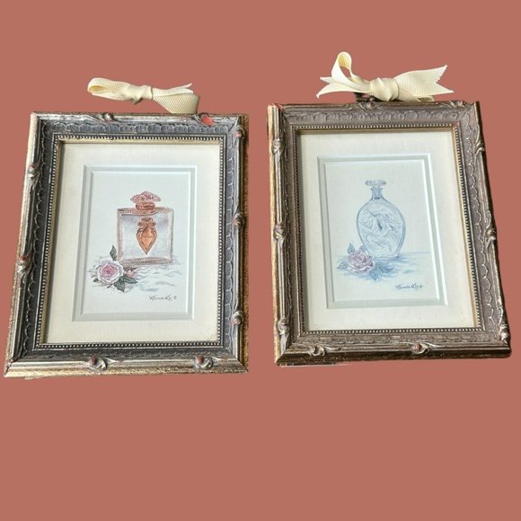 Vintage Wanda Lee Set of 2 Miniature Wood Framed Illustrated Perfume Bottles - Picture 1 of 14